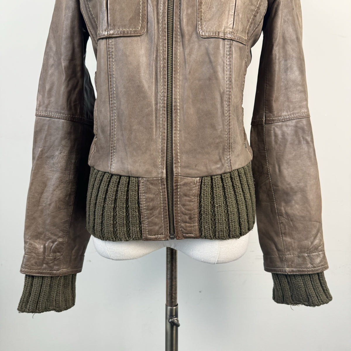 Vintage River Island Brown Genuine Leather Knit Detail Zip Jacket – view 7