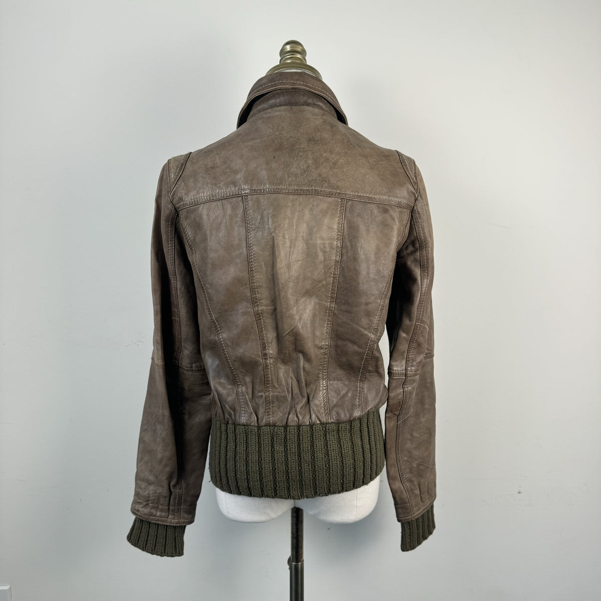 Vintage River Island Brown Genuine Leather Knit Detail Zip Jacket – view 4