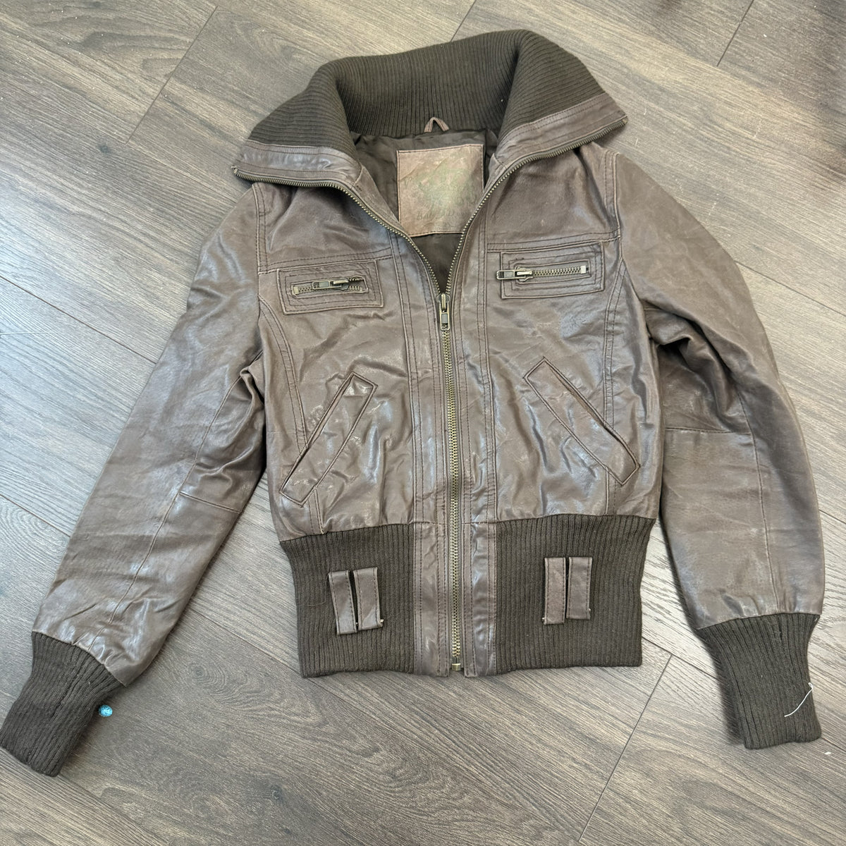 Vintage New Look Dark Brown Leather Zip Up Funnel Neck Jacket – view 11