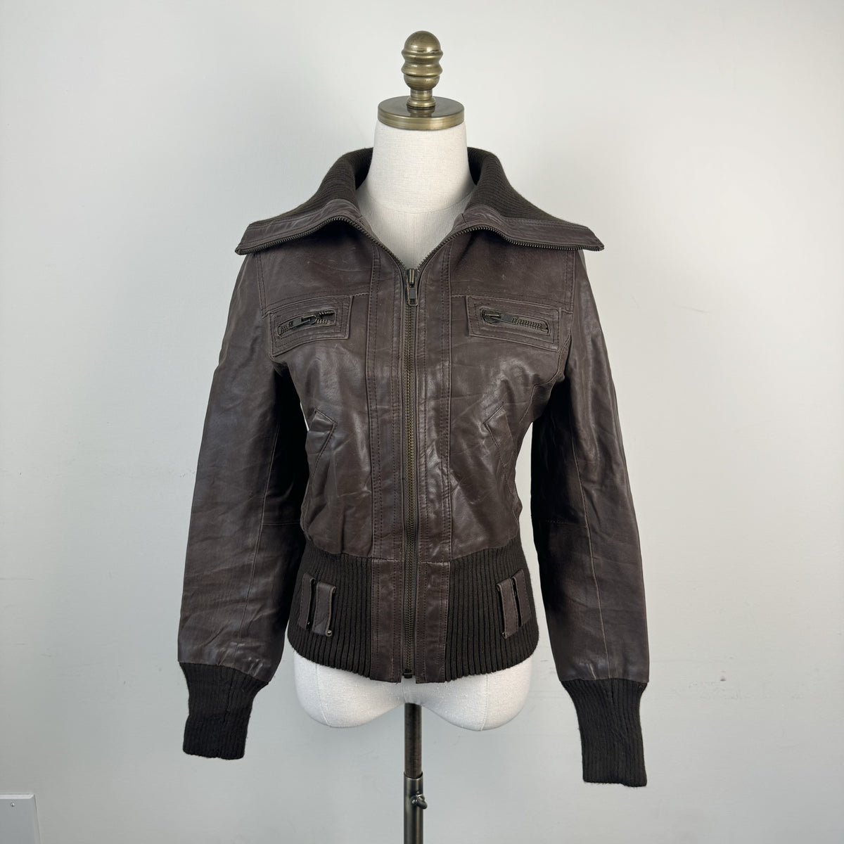 Vintage New Look Dark Brown Leather Zip Up Funnel Neck Jacket