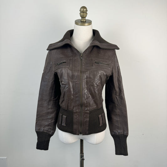 Vintage New Look Dark Brown Leather Zip Up Funnel Neck Jacket