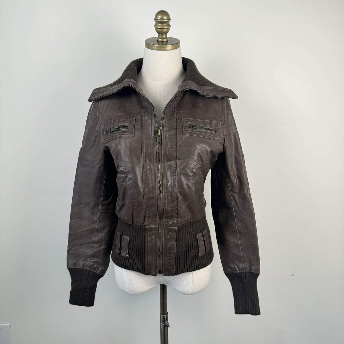 Vintage New Look Dark Brown Leather Zip Up Funnel Neck Jacket – view 2