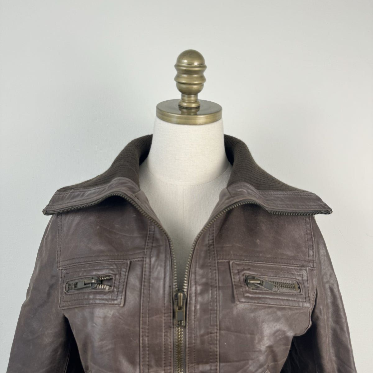 Vintage New Look Dark Brown Leather Zip Up Funnel Neck Jacket – view 10
