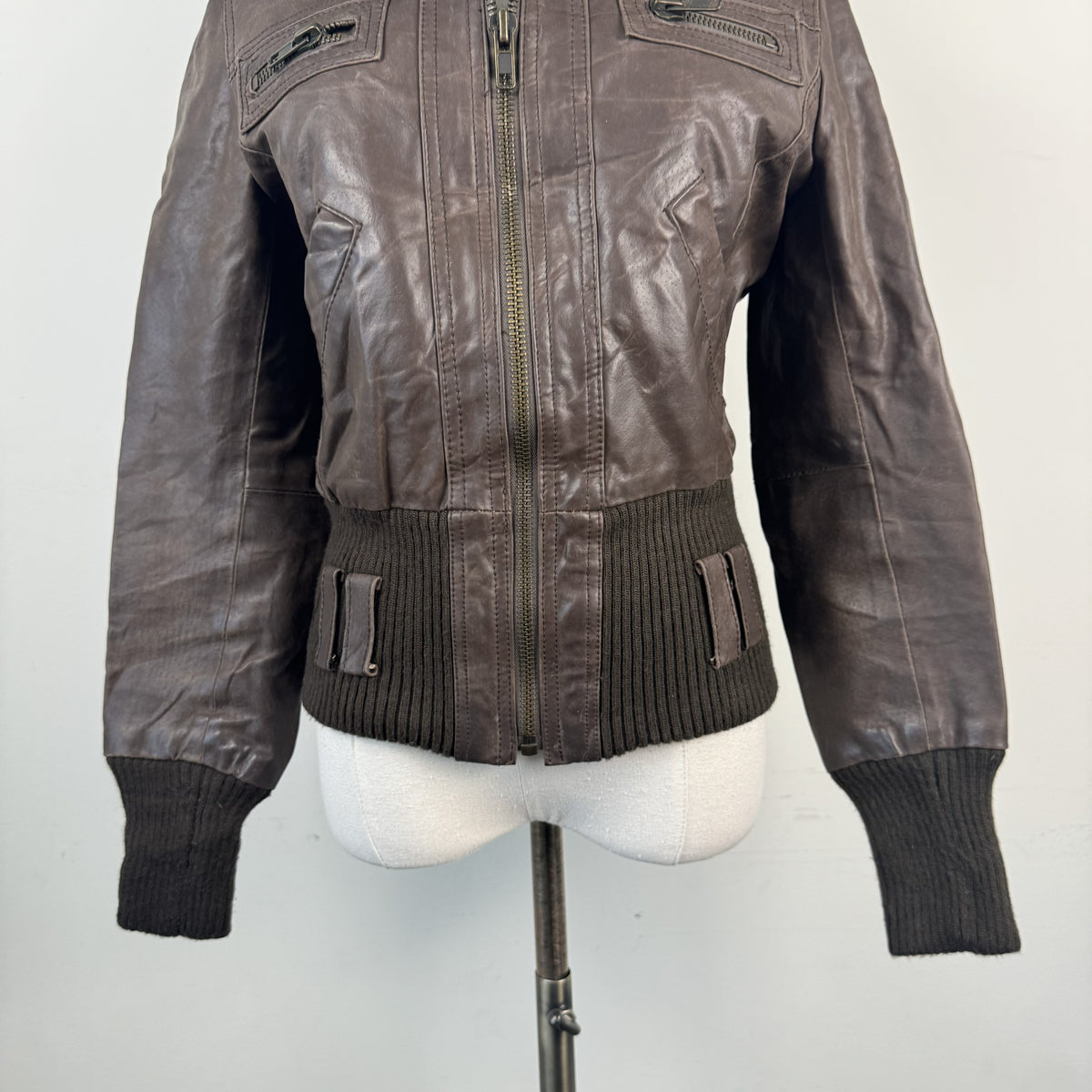 Vintage New Look Dark Brown Leather Zip Up Funnel Neck Jacket – view 3