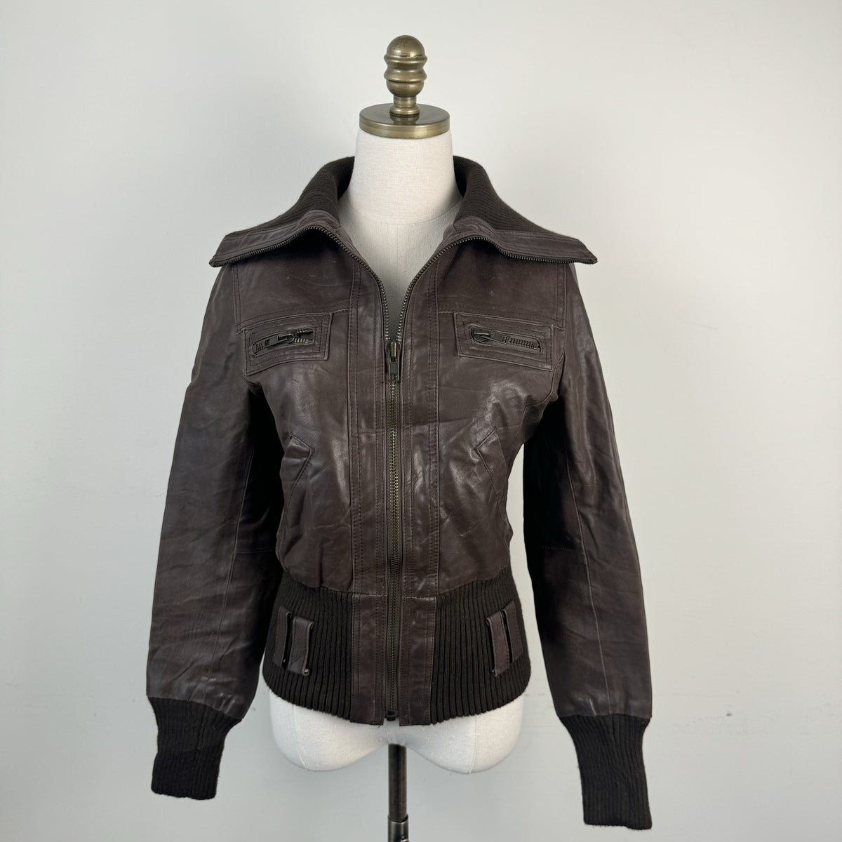 Vintage New Look Dark Brown Leather Zip Up Funnel Neck Jacket – view 4