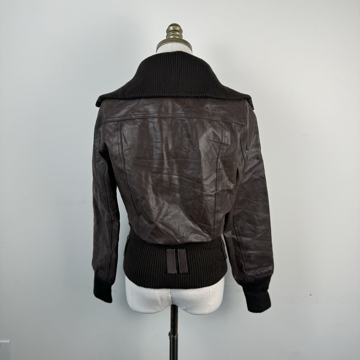 Vintage New Look Dark Brown Leather Zip Up Funnel Neck Jacket – view 6