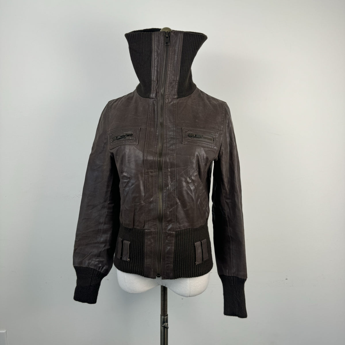 Vintage New Look Dark Brown Leather Zip Up Funnel Neck Jacket – view 7