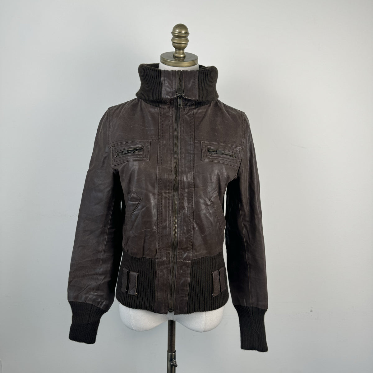 Vintage New Look Dark Brown Leather Zip Up Funnel Neck Jacket – view 8