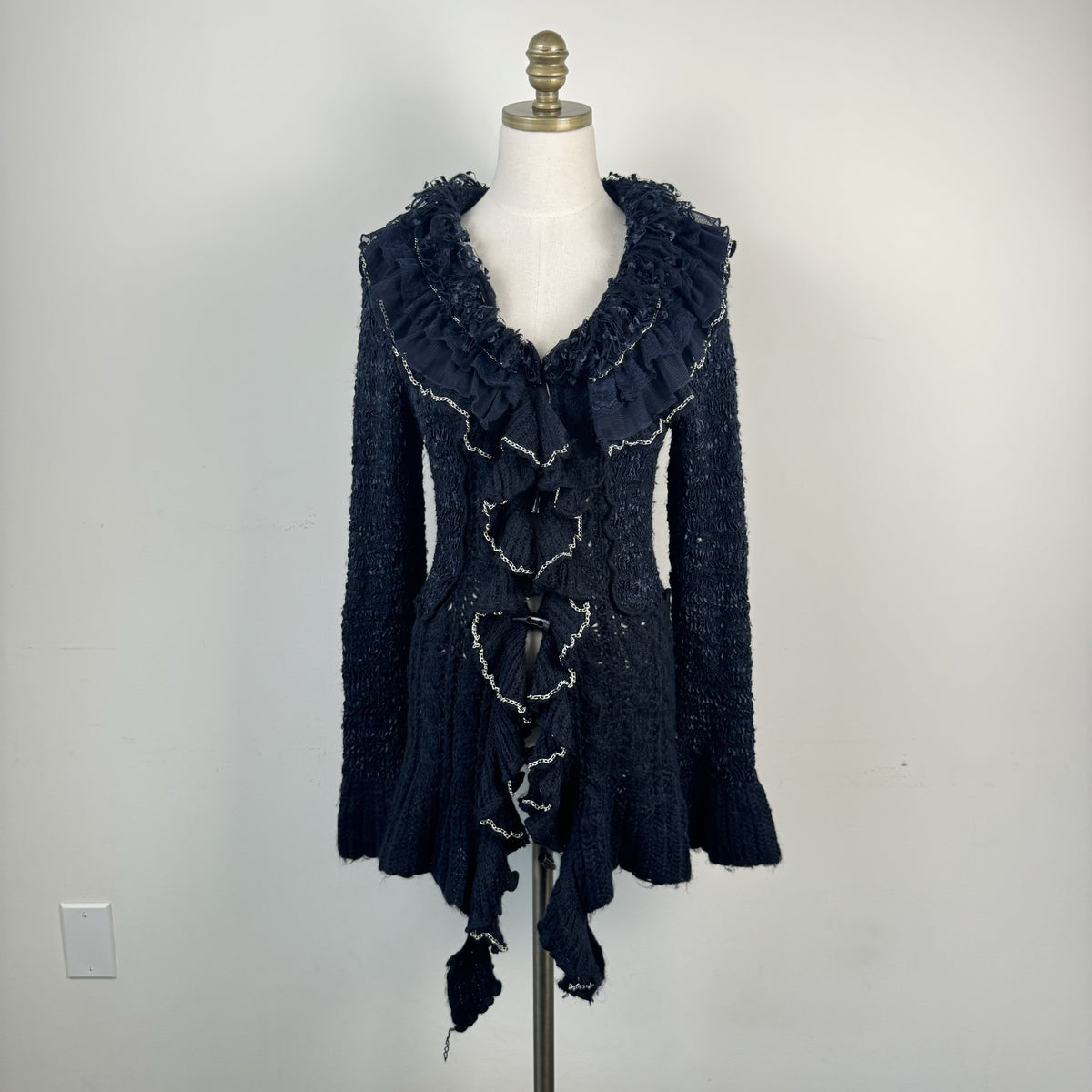Vintage Dark Blue Purple Ruffled Bell Sleeve Open Front Cardigan