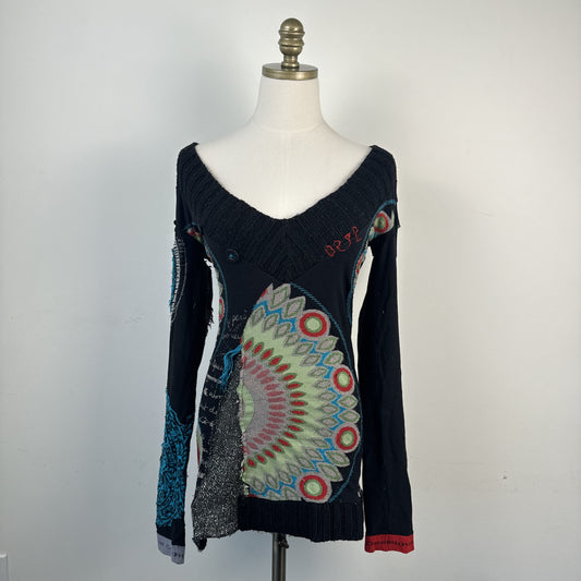 Vintage Desigual Deep V Neck Long Sleeve Sweater Mini Dress