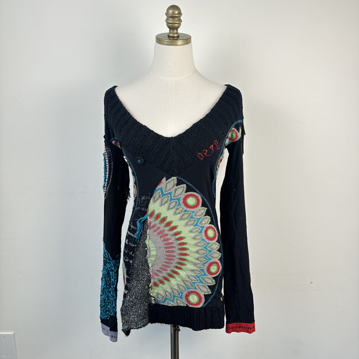 Vintage Desigual Deep V Neck Long Sleeve Sweater Mini Dress – view 2