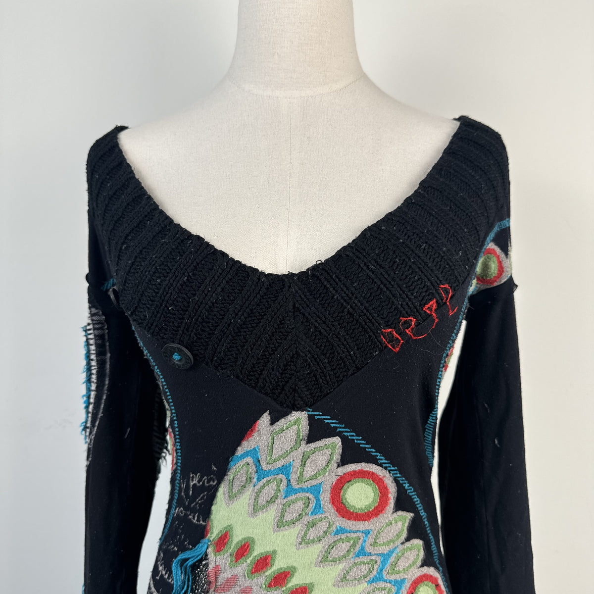 Vintage Desigual Deep V Neck Long Sleeve Sweater Mini Dress – view 8
