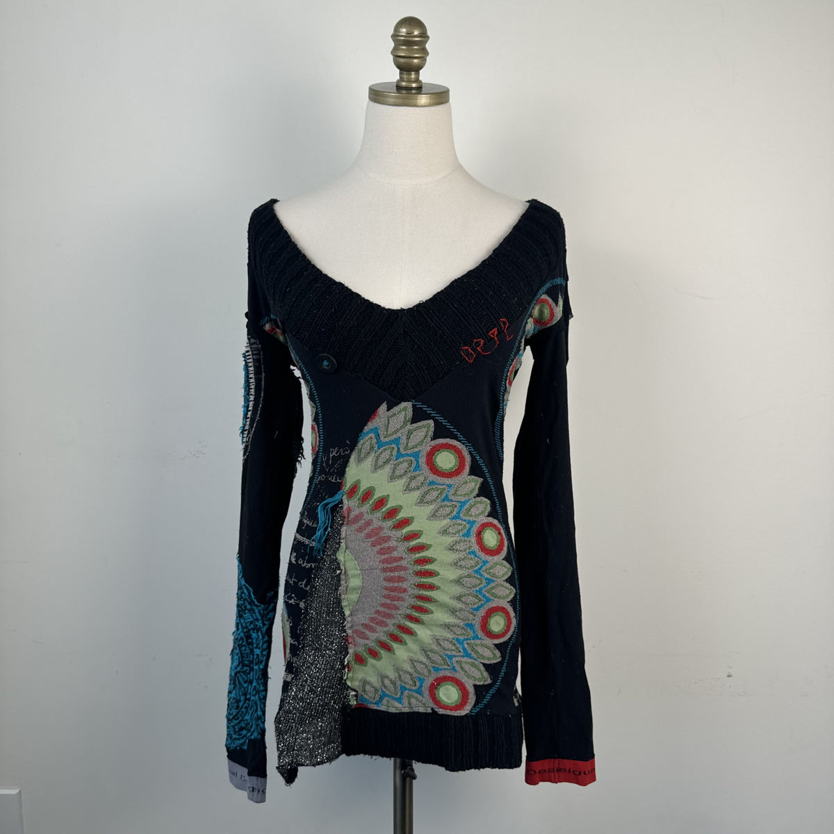 Vintage Desigual Deep V Neck Long Sleeve Sweater Mini Dress – view 3
