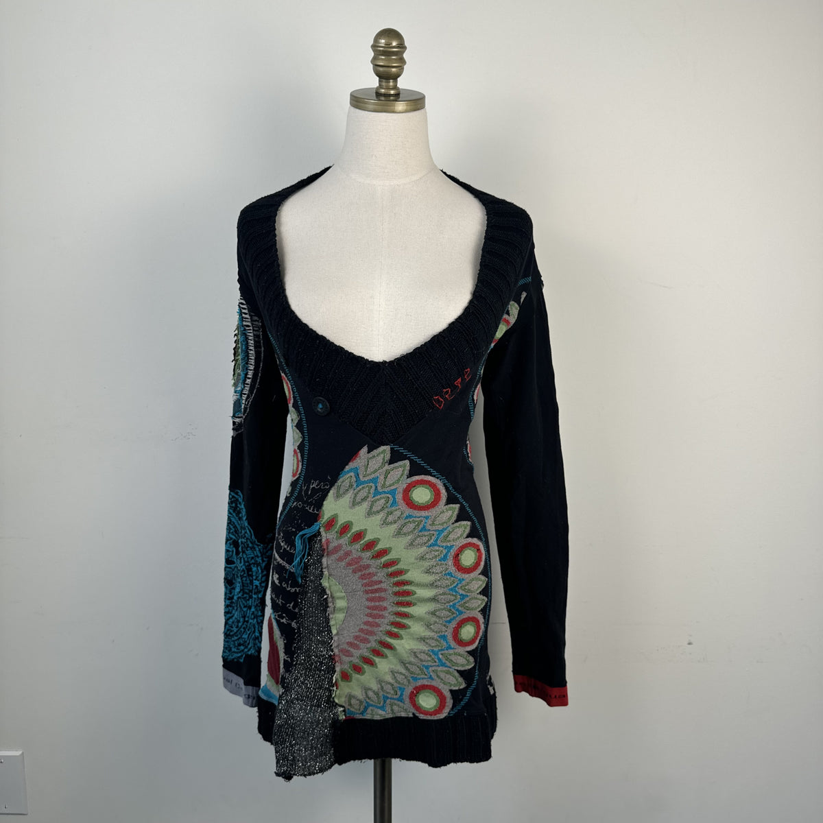Vintage Desigual Deep V Neck Long Sleeve Sweater Mini Dress – view 4