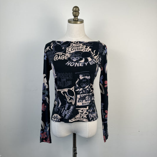 Custo Barcelona Purple Graphic Print Long Sleeve Boat Neck Top