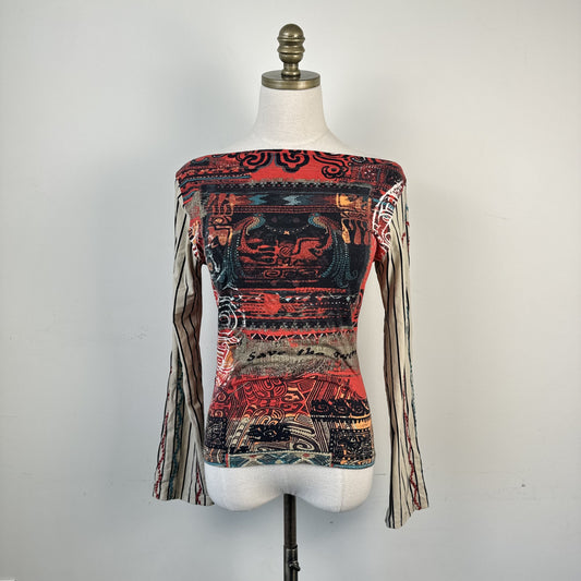 Vintage Save the Queen Graphic Print Boat Neck Bell Sleeve Top