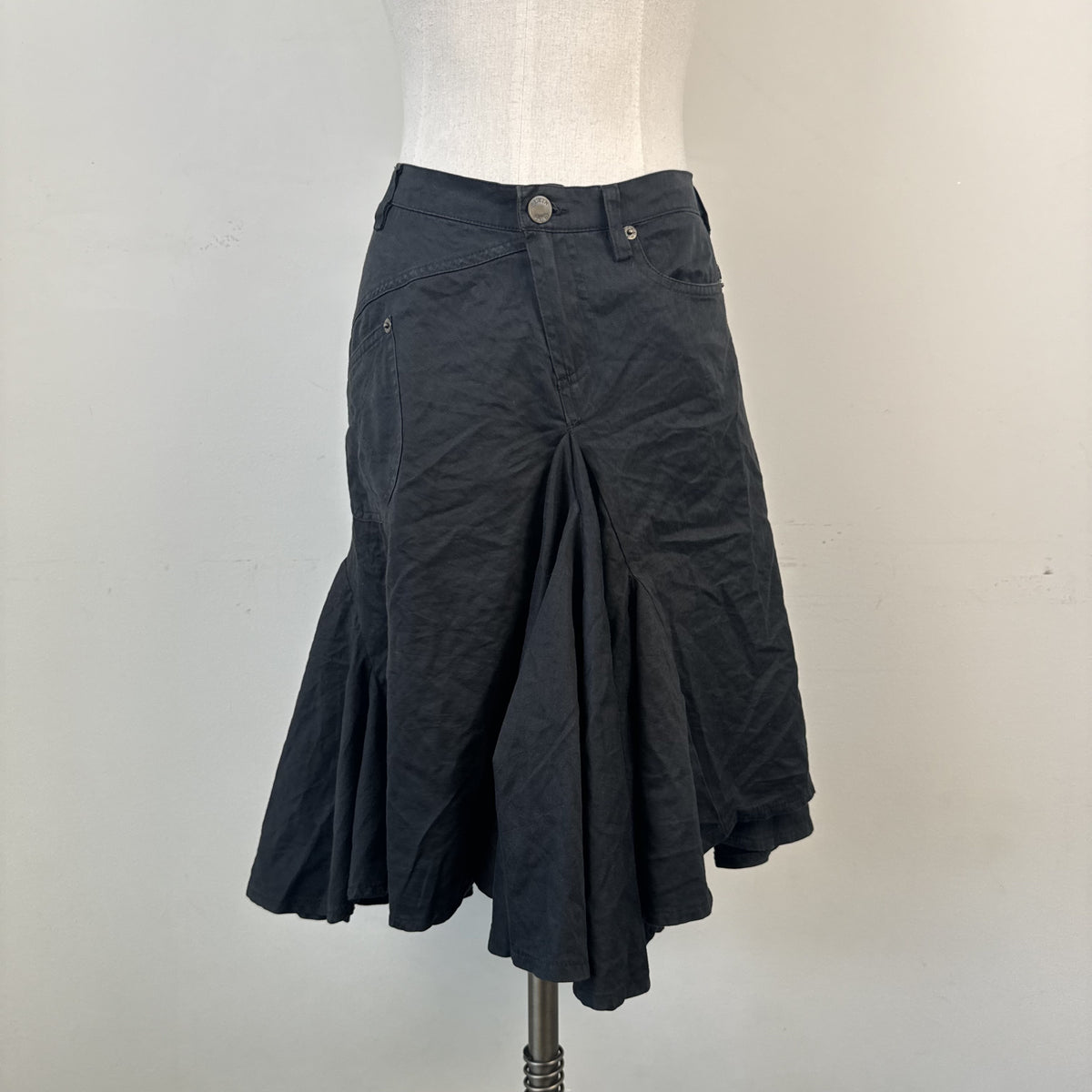Vintage Plein Sud Black Ruffled Pleated Midi Skirt