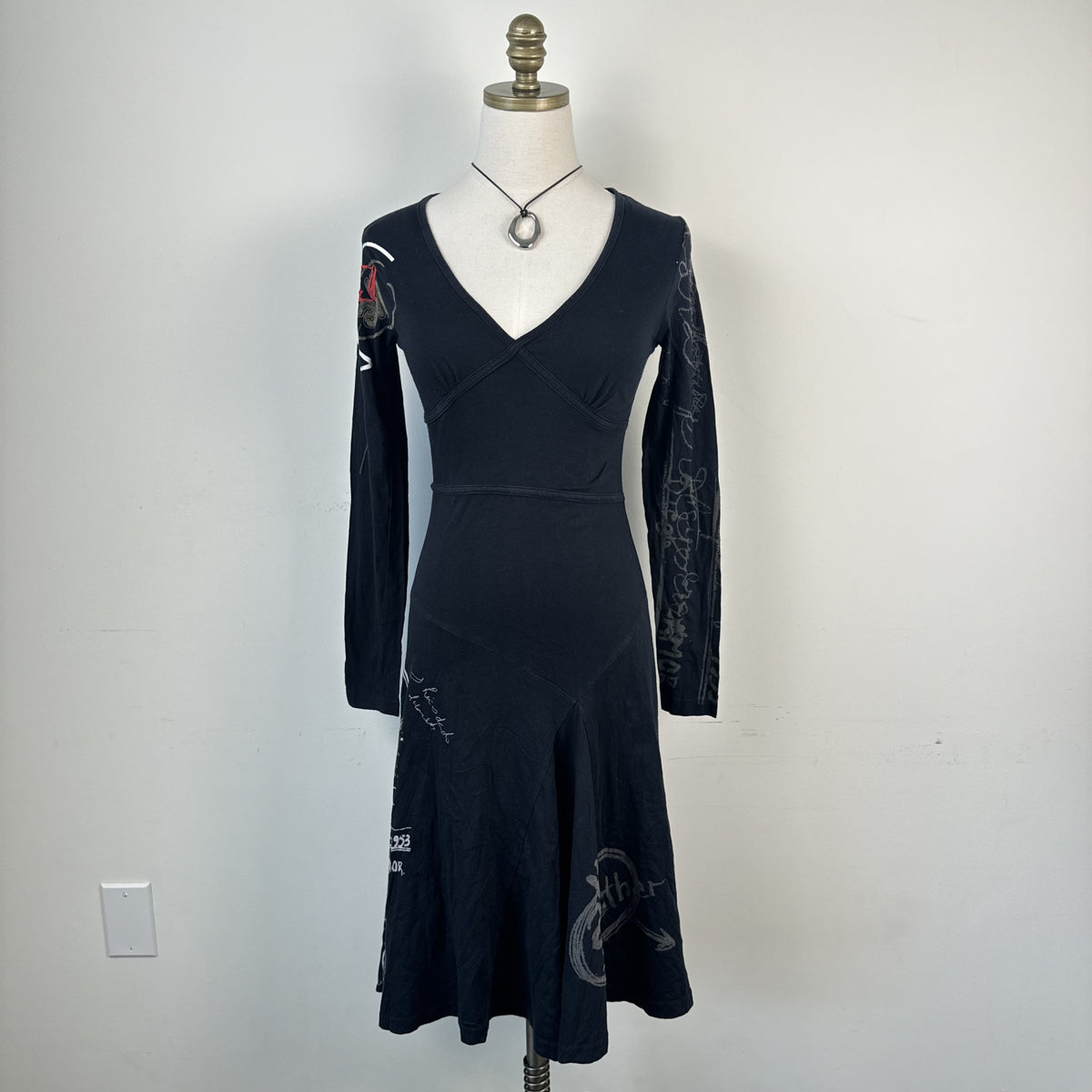 Desigual Vintage Black Graphic Print Babydoll Midi Dress
