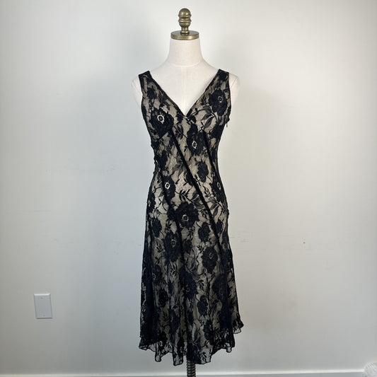 Black Lace Babydoll Midi Dress with Cinched Waist and Flared Hem