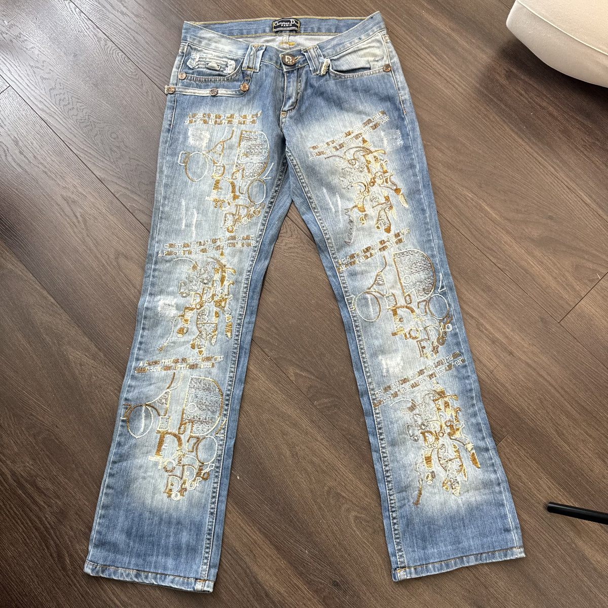 Vintage Christian Dior Low Rise Straight Cut Embroidered Distressed Jeans – view 14