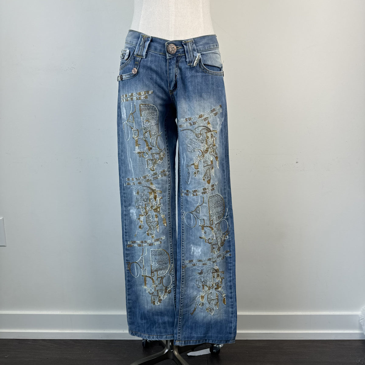 Vintage Christian Dior Low Rise Straight Cut Embroidered Distressed Jeans