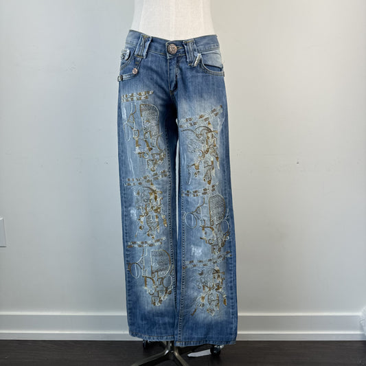 Vintage Christian Dior Low Rise Straight Cut Embroidered Distressed Jeans