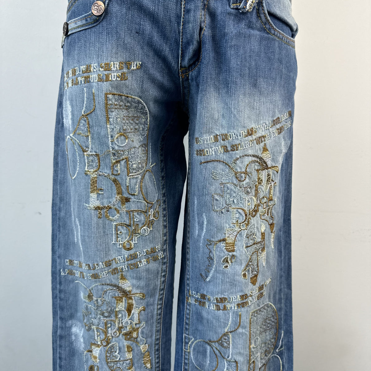 Vintage Christian Dior Low Rise Straight Cut Embroidered Distressed Jeans – view 10