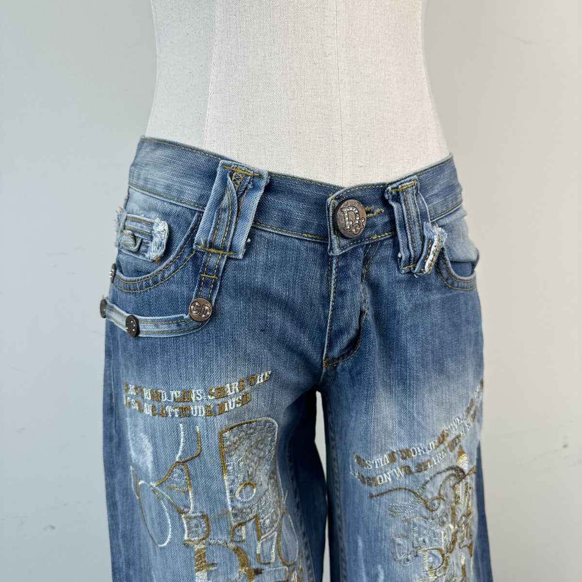 Vintage Christian Dior Low Rise Straight Cut Embroidered Distressed Jeans – view 11