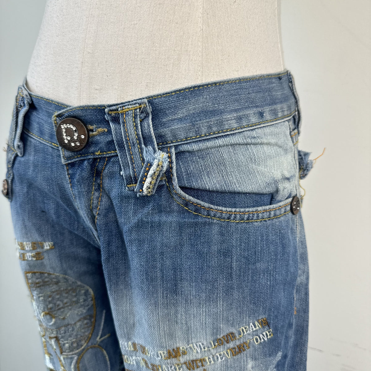 Vintage Christian Dior Low Rise Straight Cut Embroidered Distressed Jeans – view 12