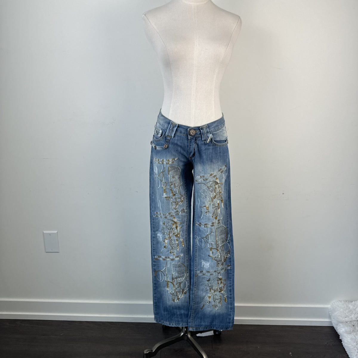 Vintage Christian Dior Low Rise Straight Cut Embroidered Distressed Jeans – view 2