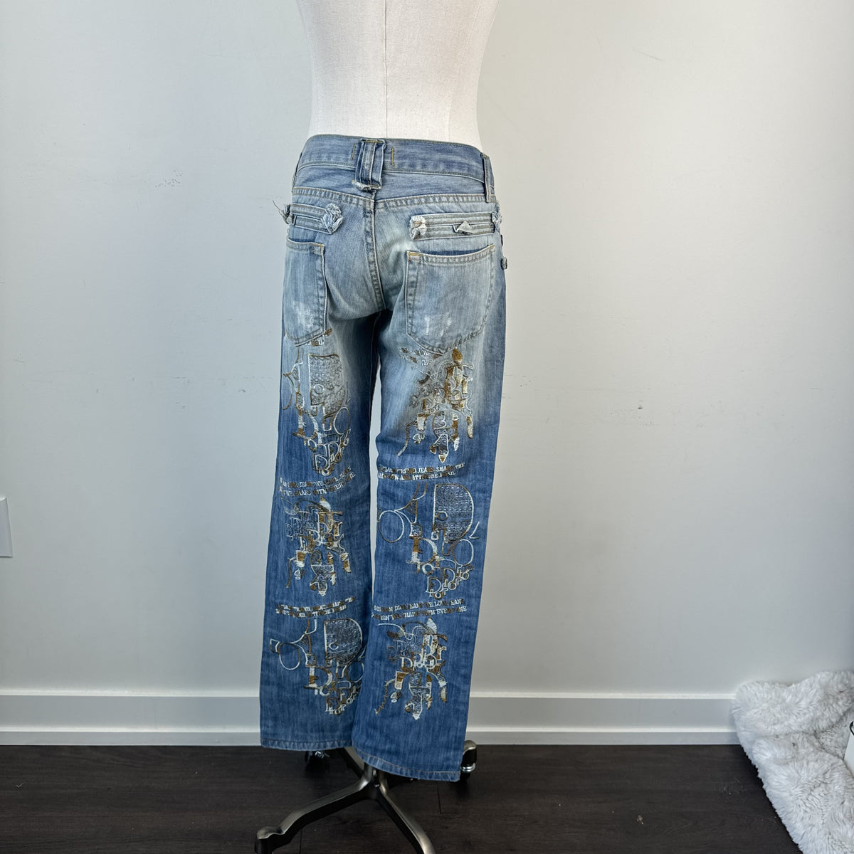 Vintage Christian Dior Low Rise Straight Cut Embroidered Distressed Jeans – view 3