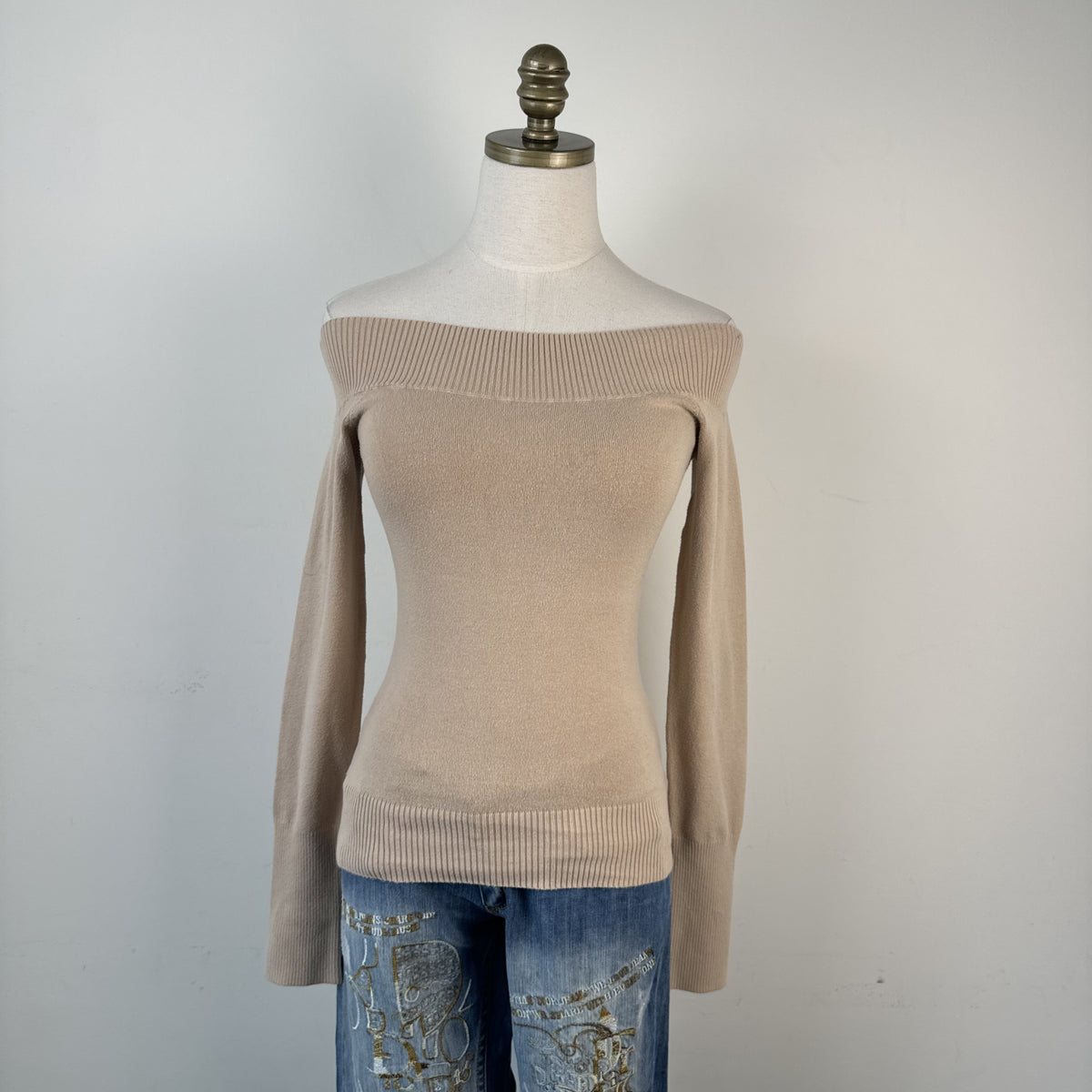Vintage Jacob Beige Off Shoulder Fitted Knit Long Sleeve Top