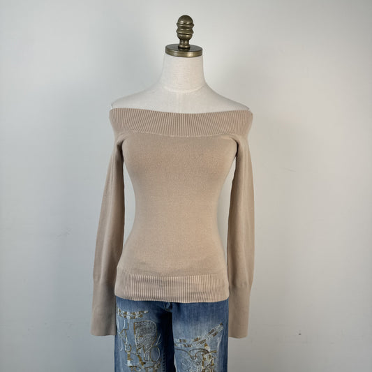Vintage Jacob Beige Off Shoulder Fitted Knit Long Sleeve Top