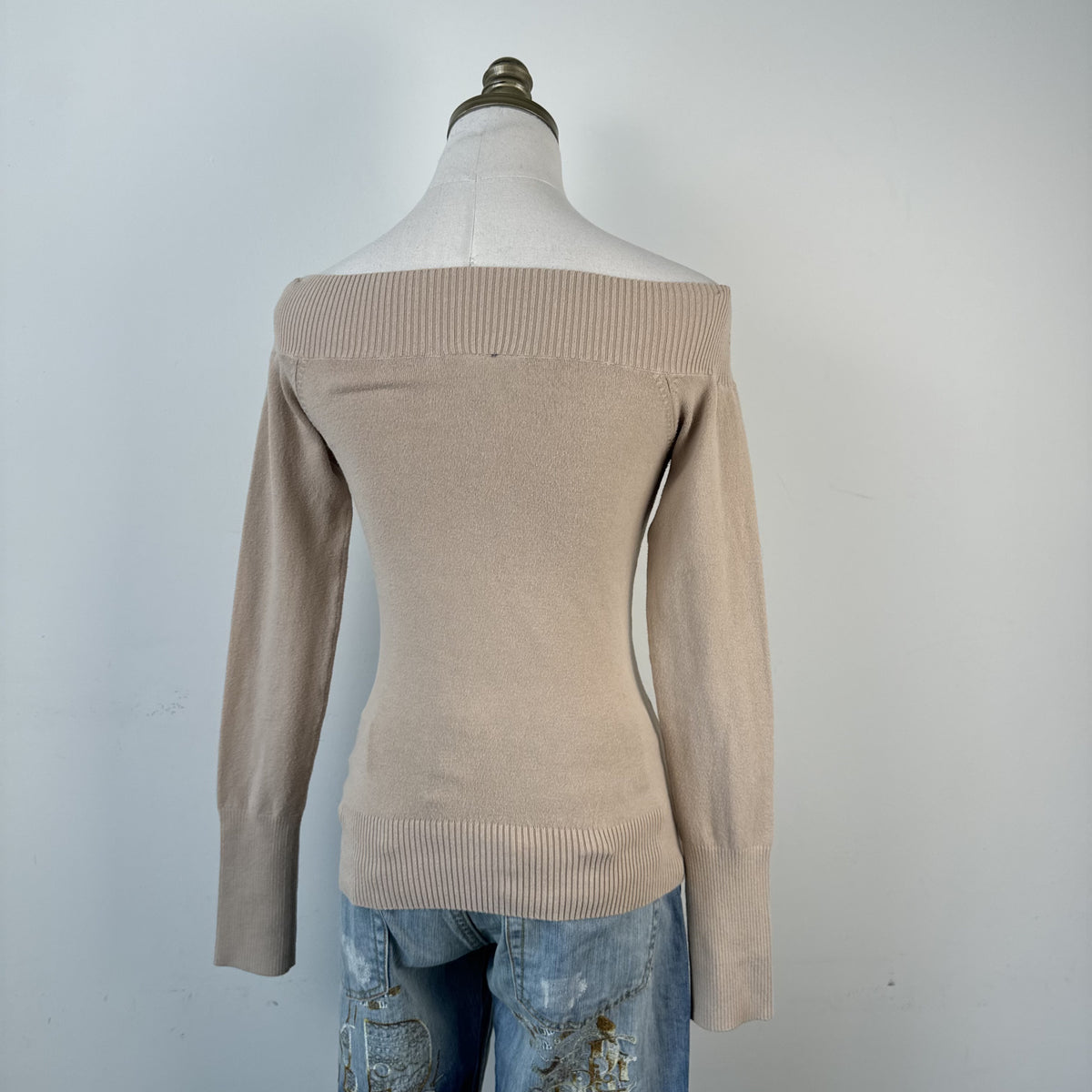 Vintage Jacob Beige Off Shoulder Fitted Knit Long Sleeve Top – view 5