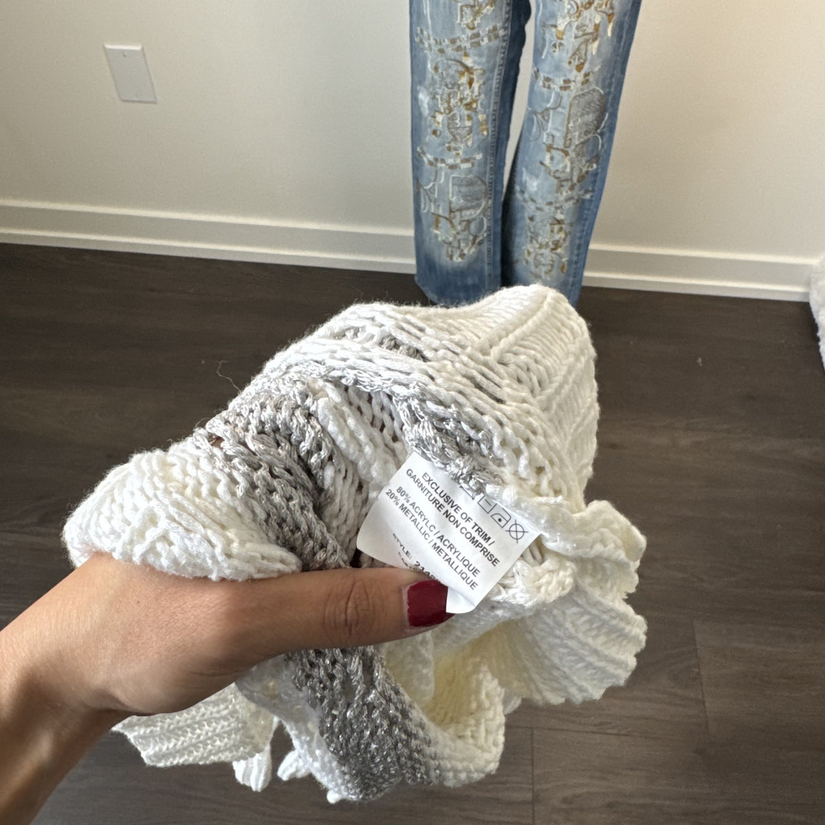 Vintage White & Grey Open Front Crochet Tie-Up Cardigan – view 6
