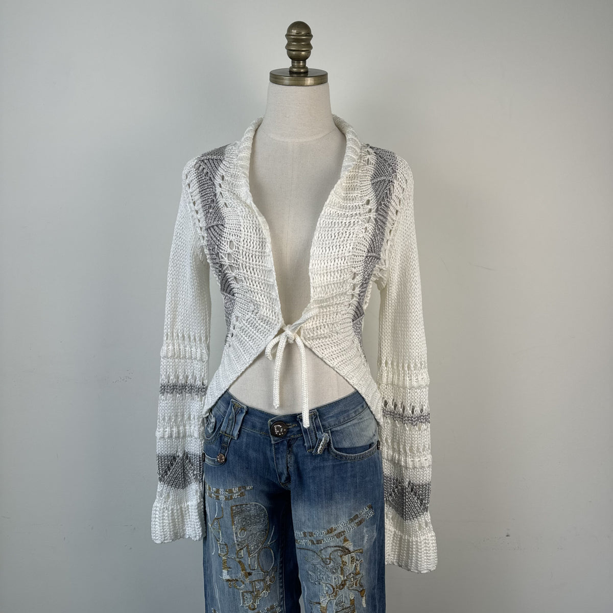 Vintage White & Grey Open Front Crochet Tie-Up Cardigan