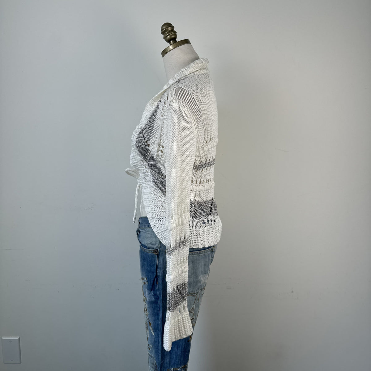 Vintage White & Grey Open Front Crochet Tie-Up Cardigan – view 3