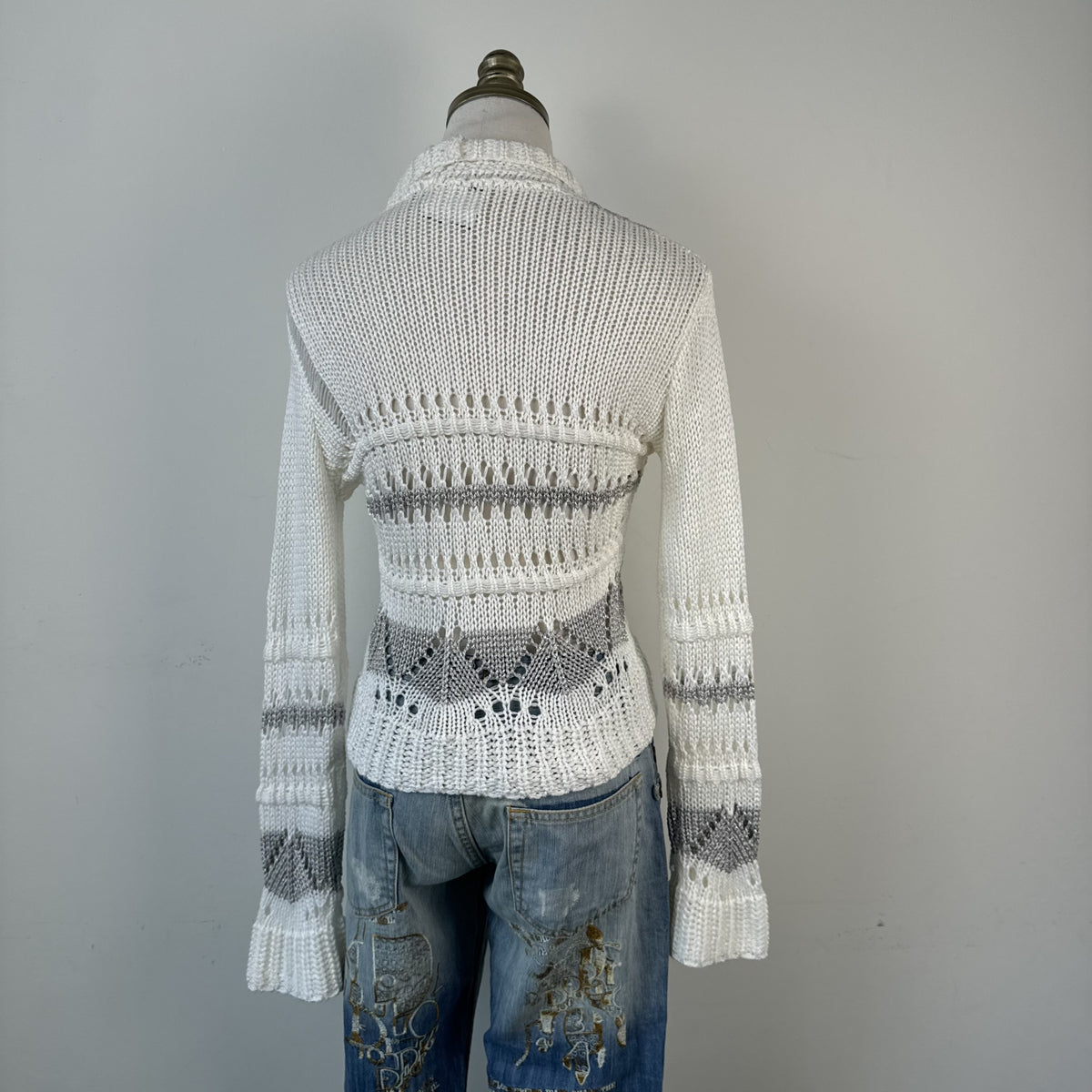 Vintage White & Grey Open Front Crochet Tie-Up Cardigan – view 4