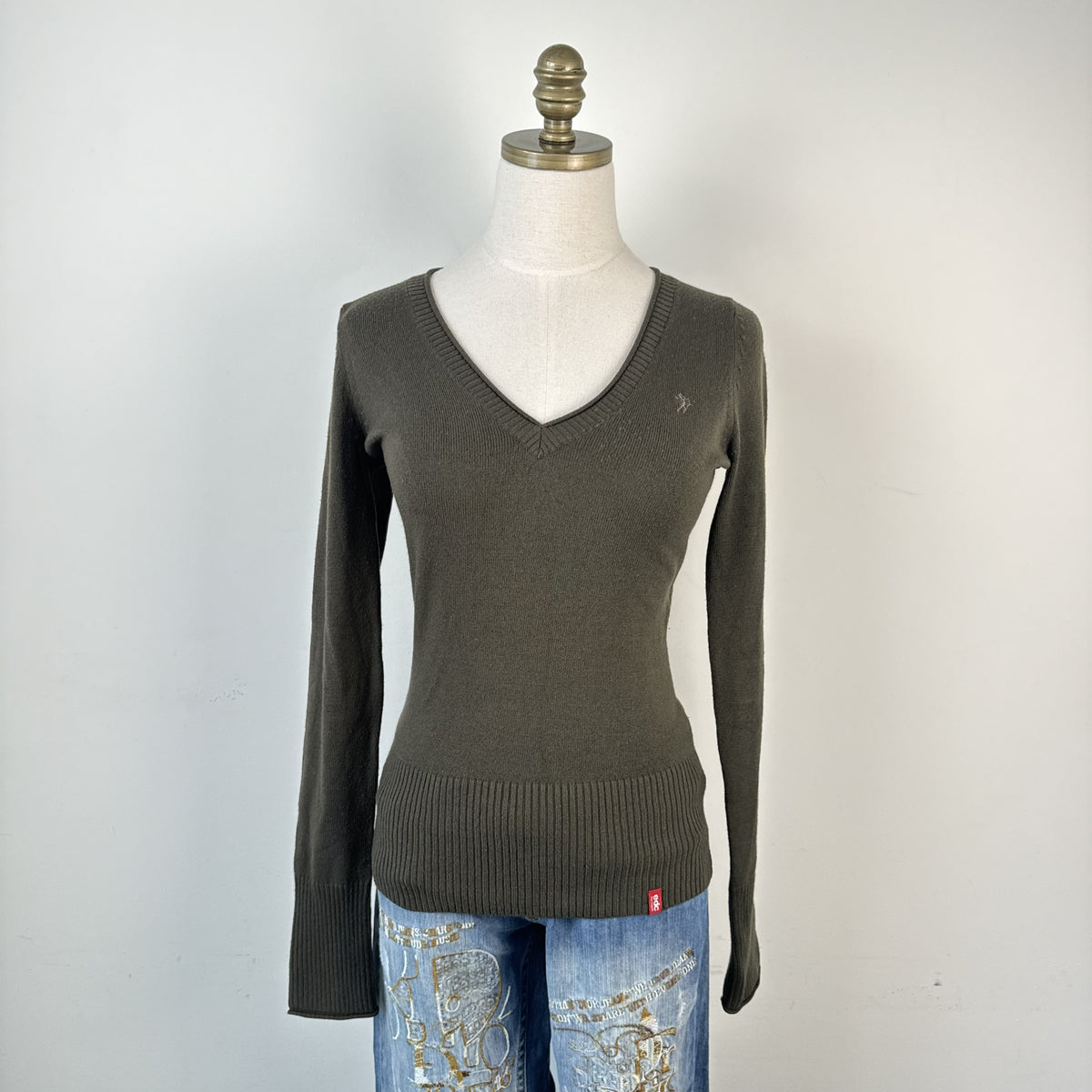 Y2K EDC by Esprit Olive Khaki Fitted Logo Knit Sweater