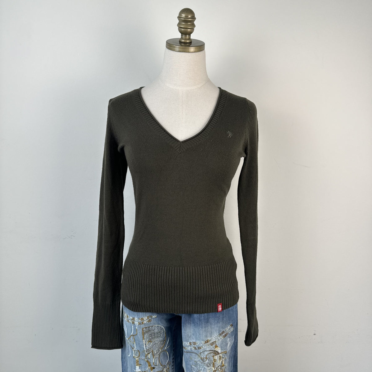 Y2K EDC by Esprit Olive Khaki Fitted Logo Knit Sweater – view 2