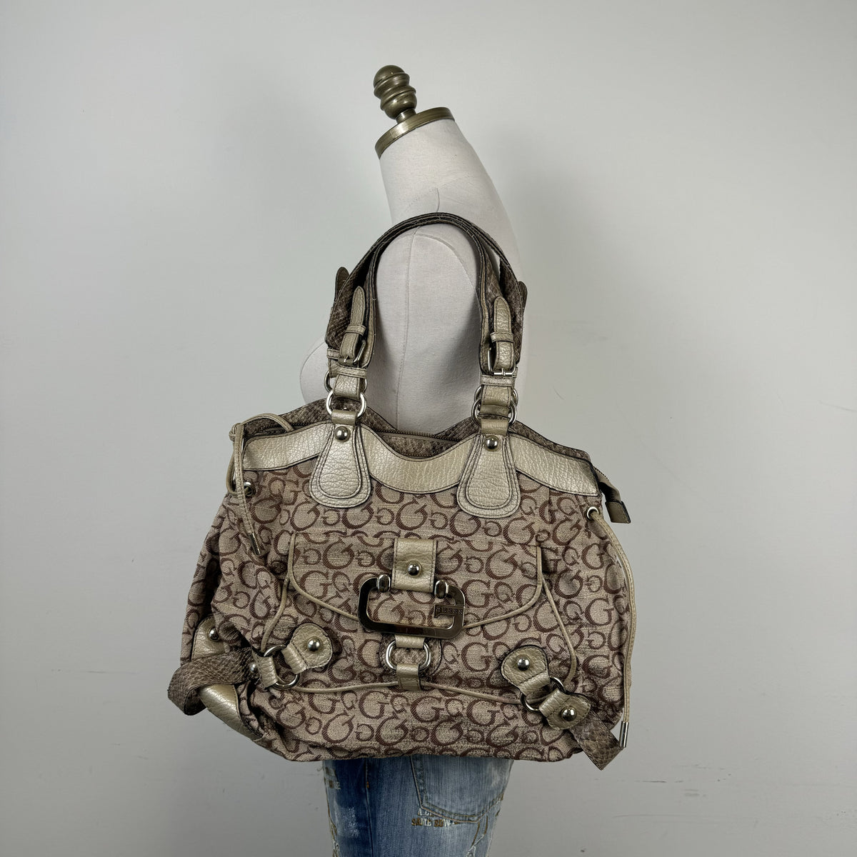 Y2K Guess Beige & Brown Monogram Snake Print Shoulder Bag – view 4