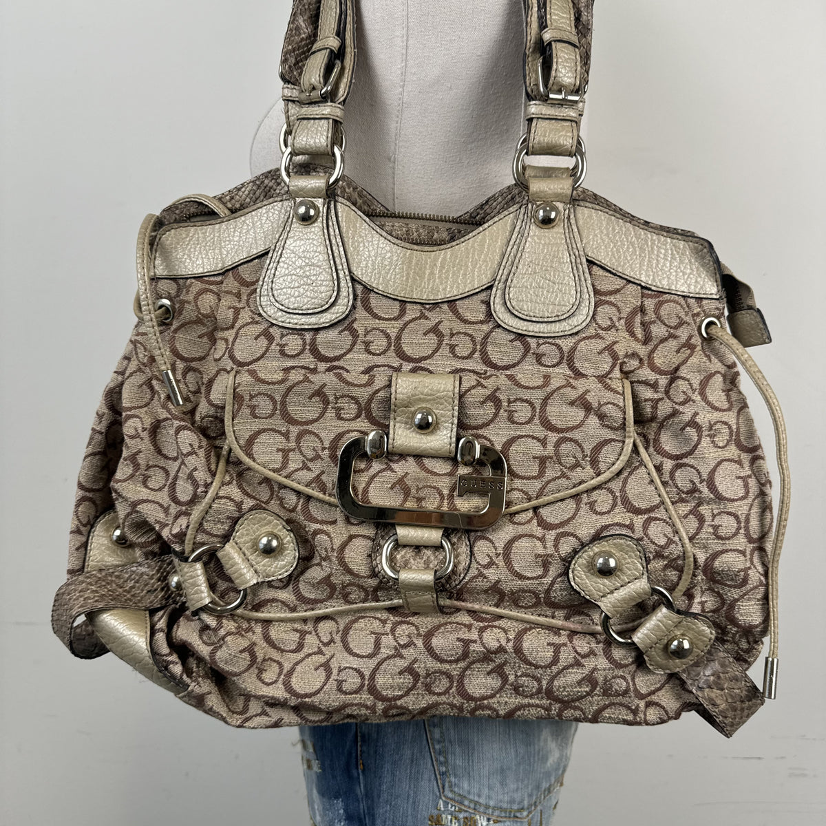 Y2K Guess Beige & Brown Monogram Snake Print Shoulder Bag – view 5
