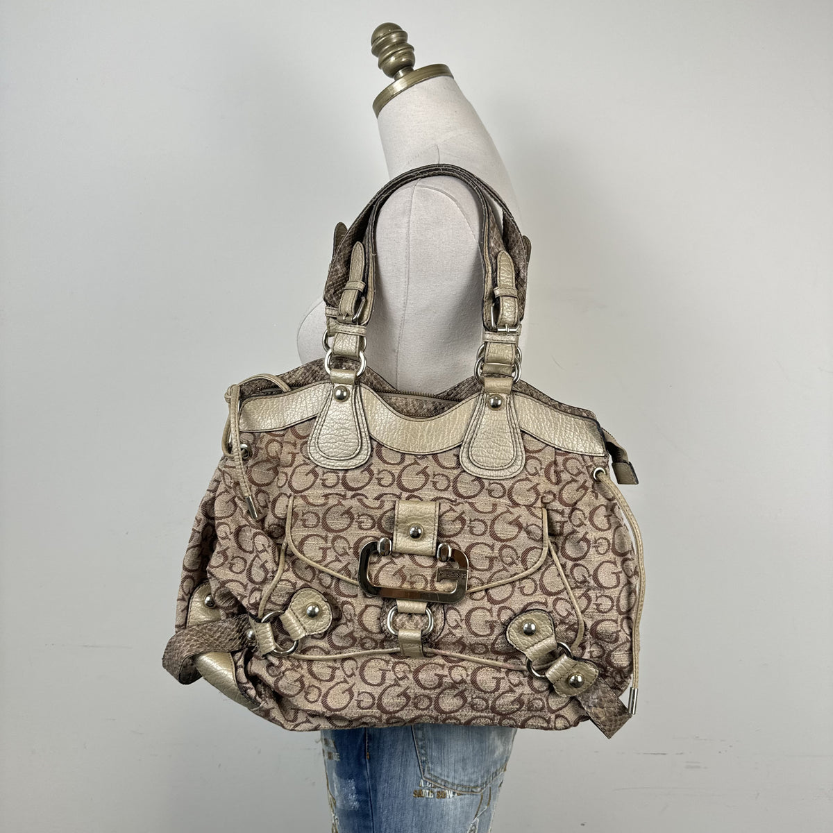 Y2K Guess Beige & Brown Monogram Snake Print Shoulder Bag – view 6