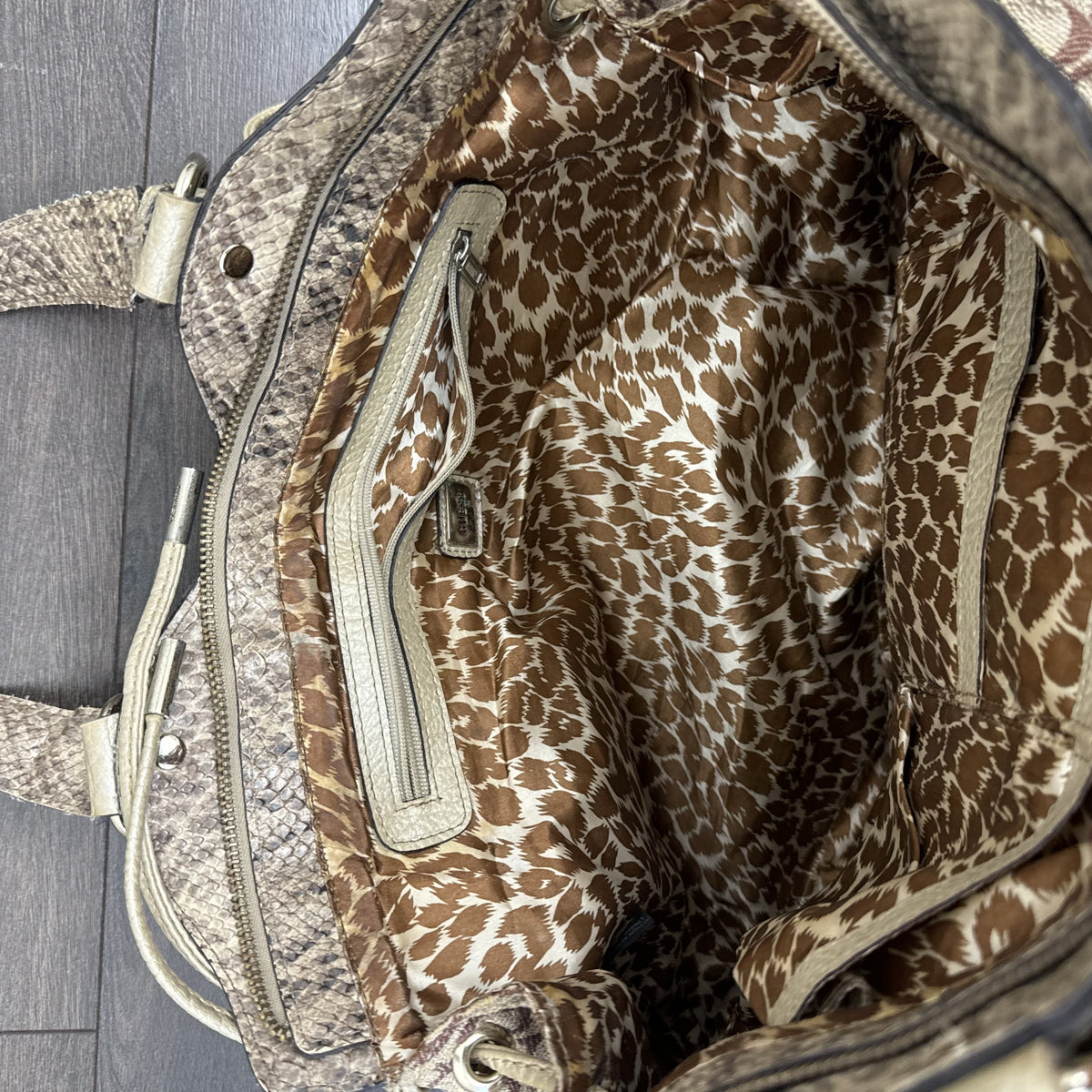 Y2K Guess Beige & Brown Monogram Snake Print Shoulder Bag