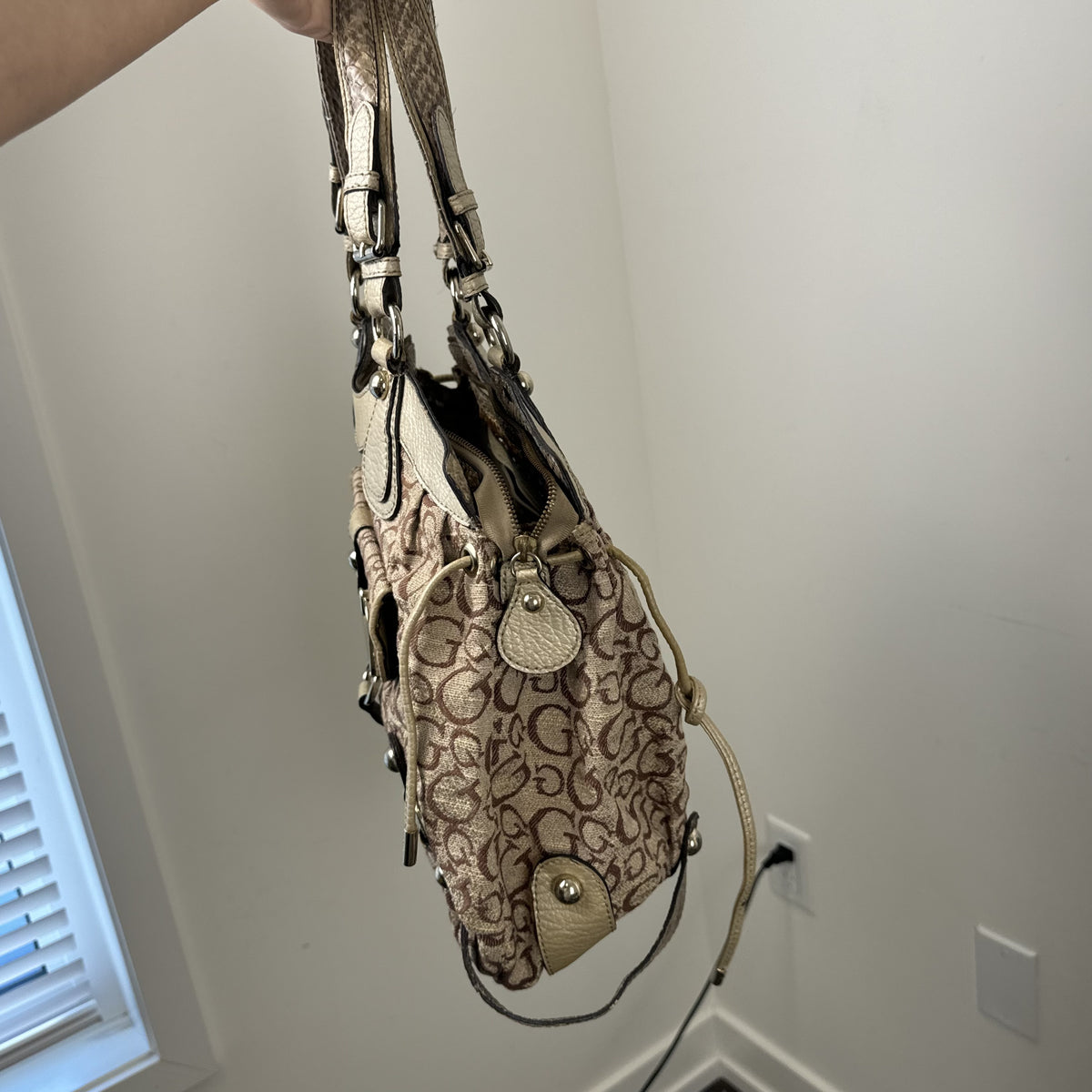 Y2K Guess Beige & Brown Monogram Snake Print Shoulder Bag – view 9