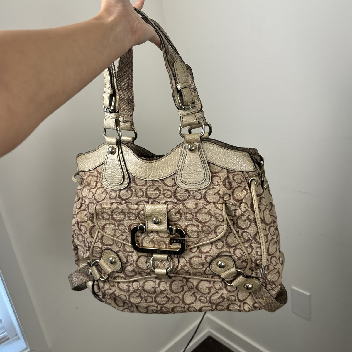 Y2K Guess Beige & Brown Monogram Snake Print Shoulder Bag – view 10
