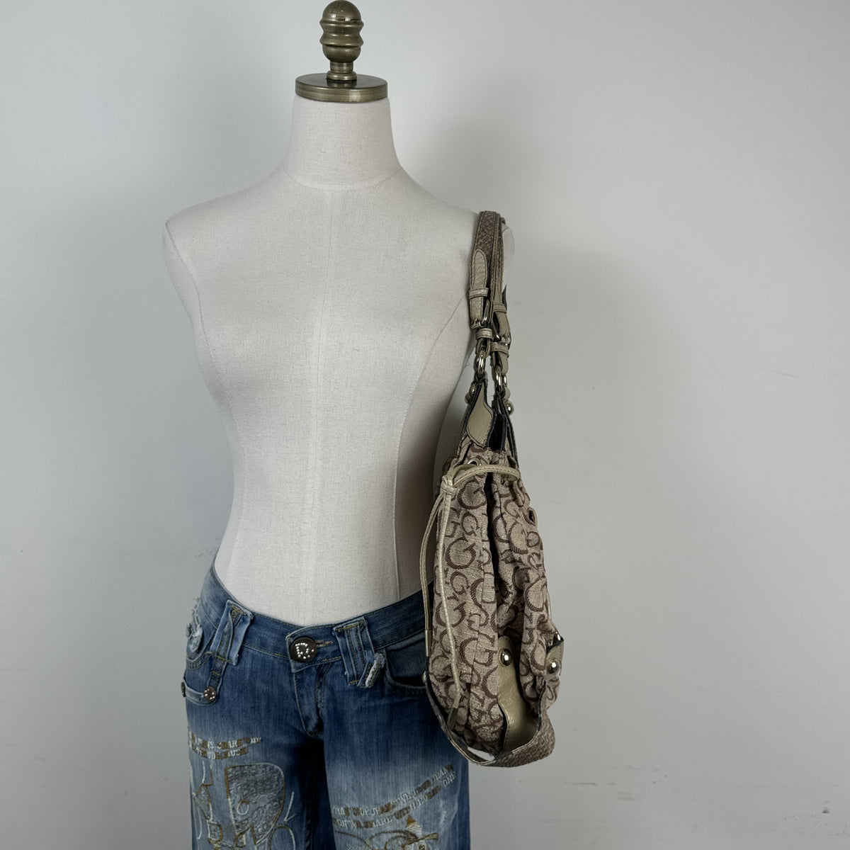 Y2K Guess Beige & Brown Monogram Snake Print Shoulder Bag – view 11