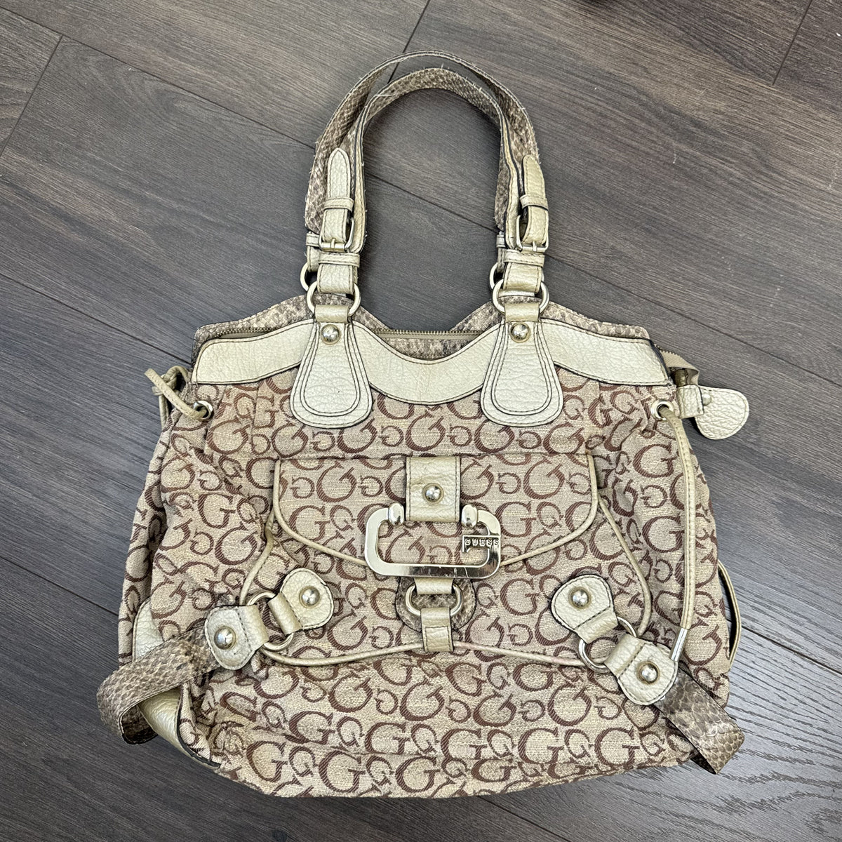 Y2K Guess Beige & Brown Monogram Snake Print Shoulder Bag – view 12