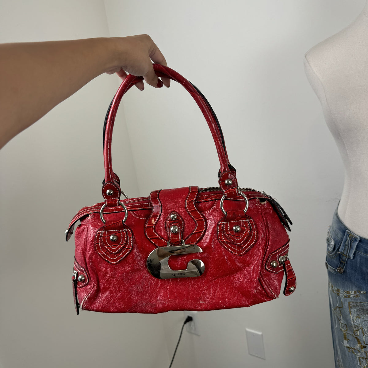 Y2K Guess Red Croco Print Leather Shoulder Bag – view 4