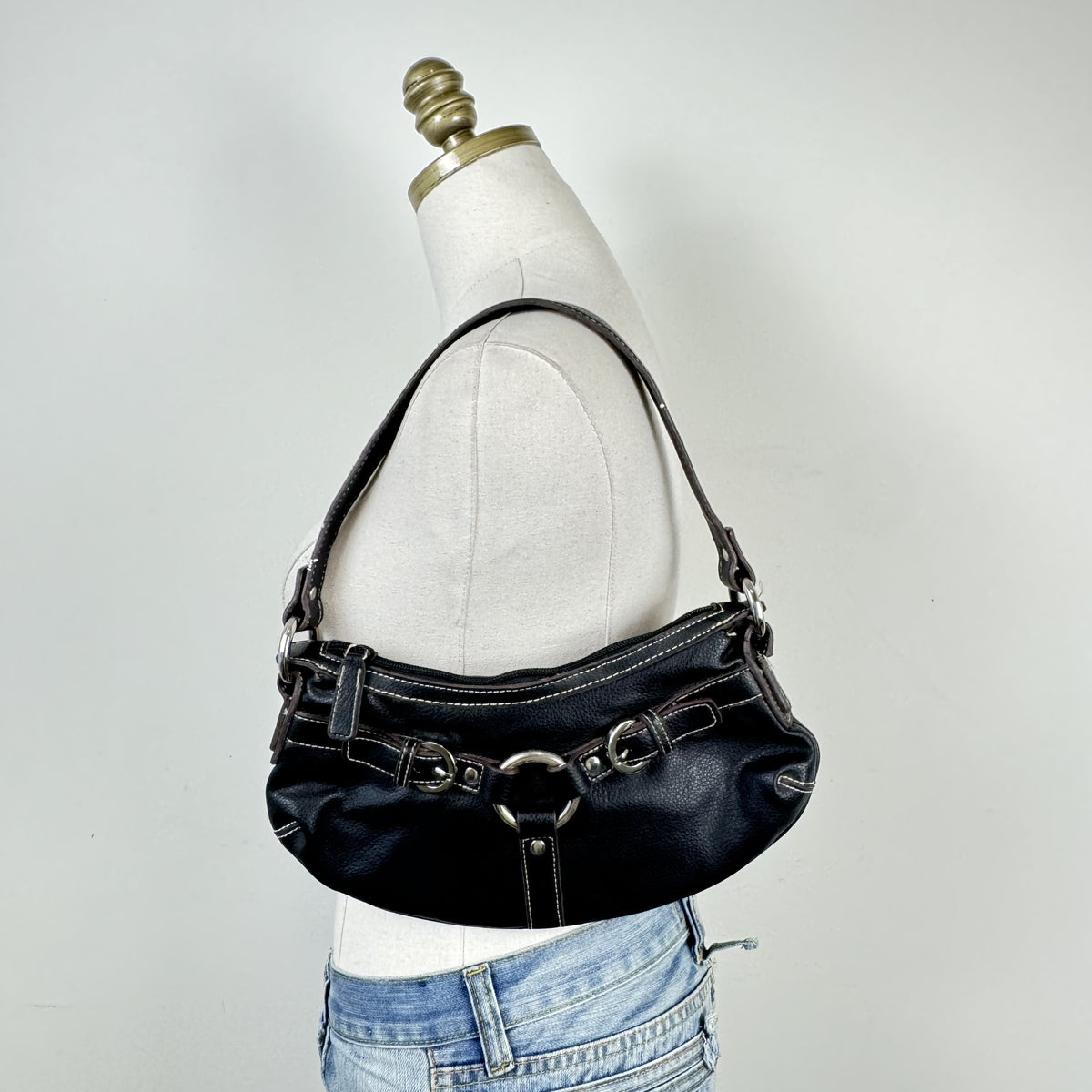 Vintage Nine West Black Leather Mini Shoulder Bag with Silver Buckle – view 2